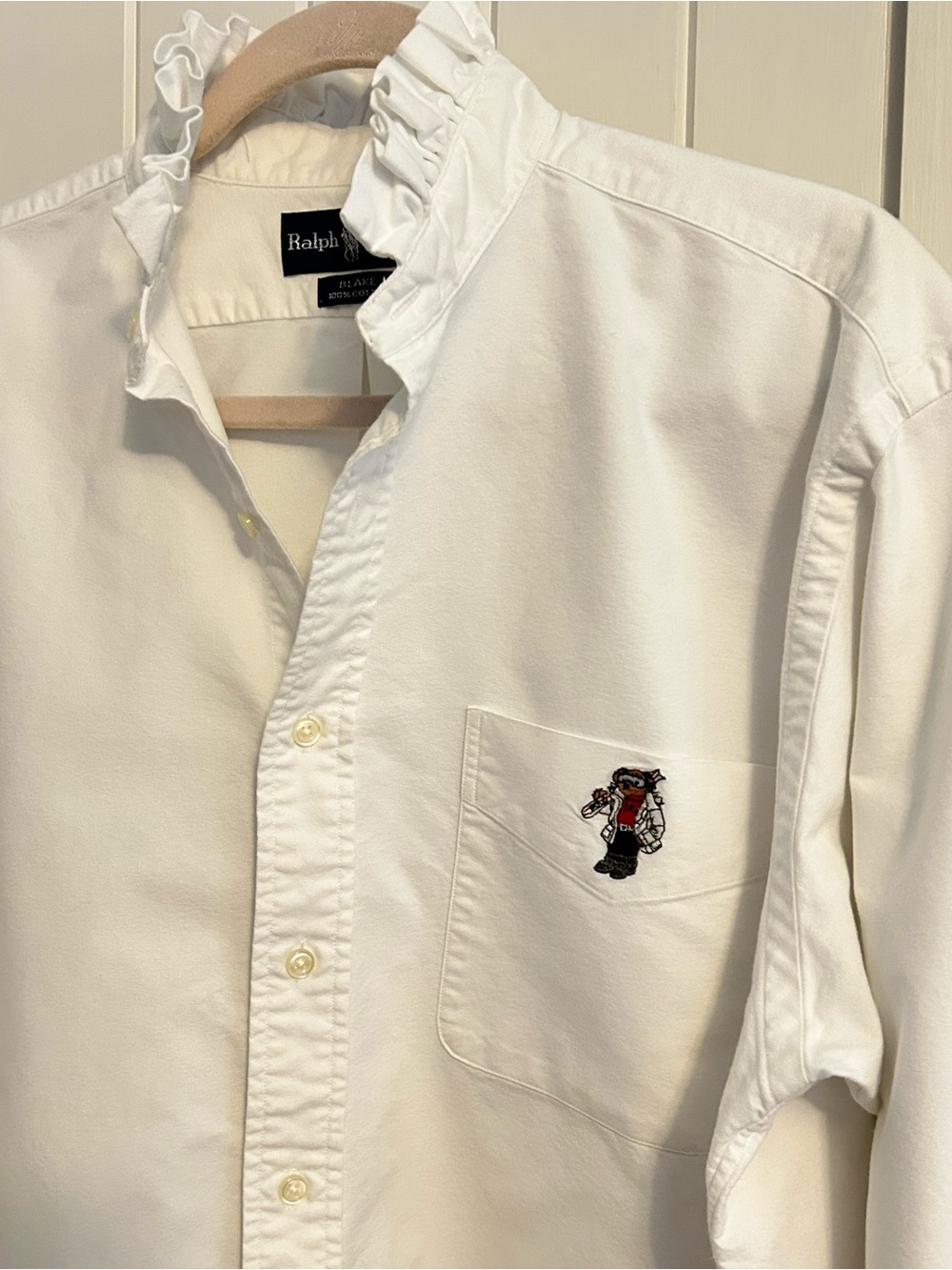 Upcycled Ralph Lauren White Button-Down Shirt Embroidered Polo Bear Pocket Med - Picture 6 of 10